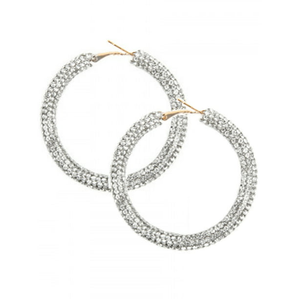 S.A.V.I Silver Plated Designer Color Big Size Crystal Rhinestone Hoop Earrings Women 